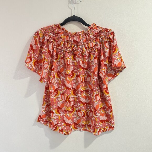 THML Anthropologie Blouse T-shirt M Floral Ruffle Colorful Pink Orange Preppy - Picture 4 of 9